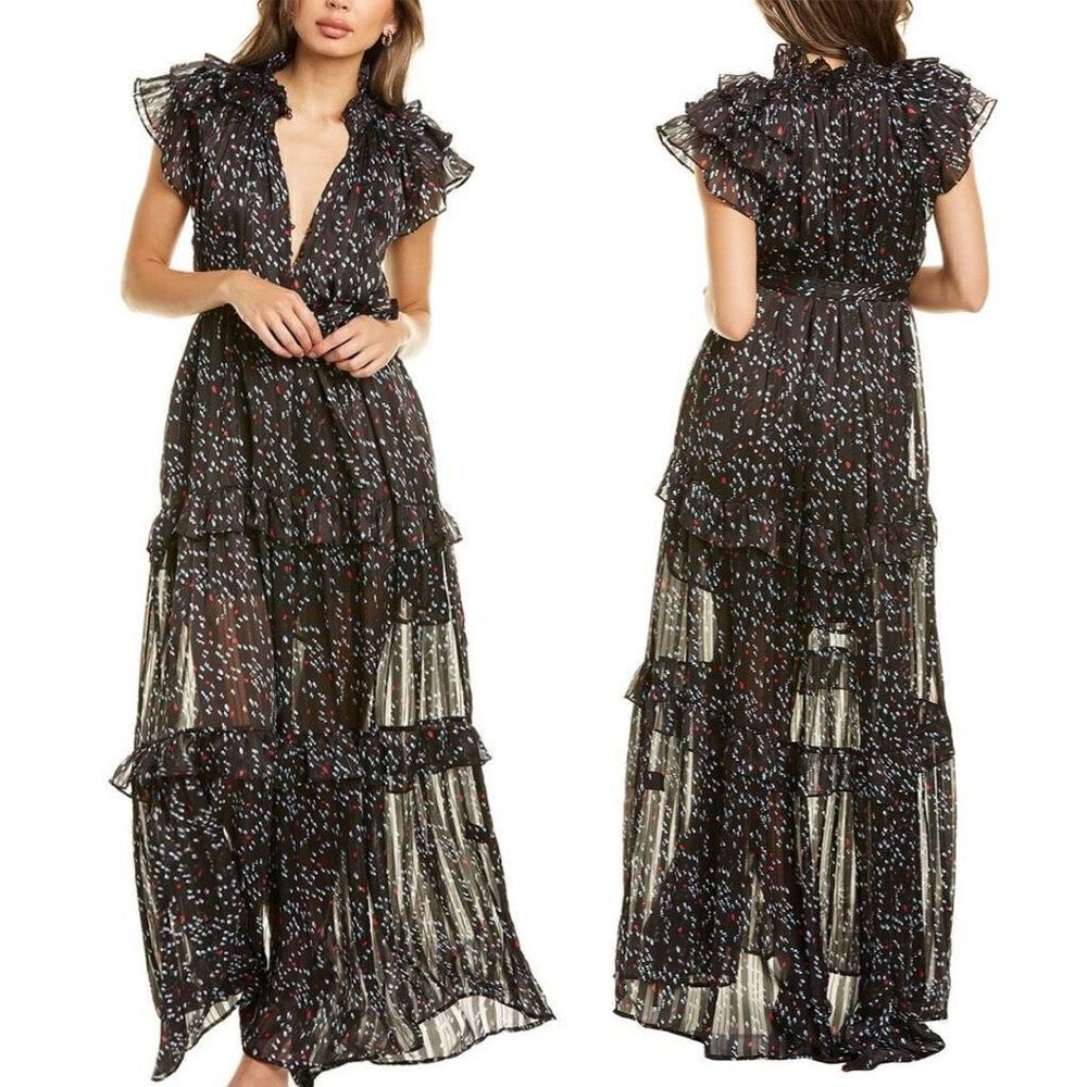 Sabina Musayev Dress Gwen Maxi Flutter‎ Sleeve Black Dotted Maxi Size M